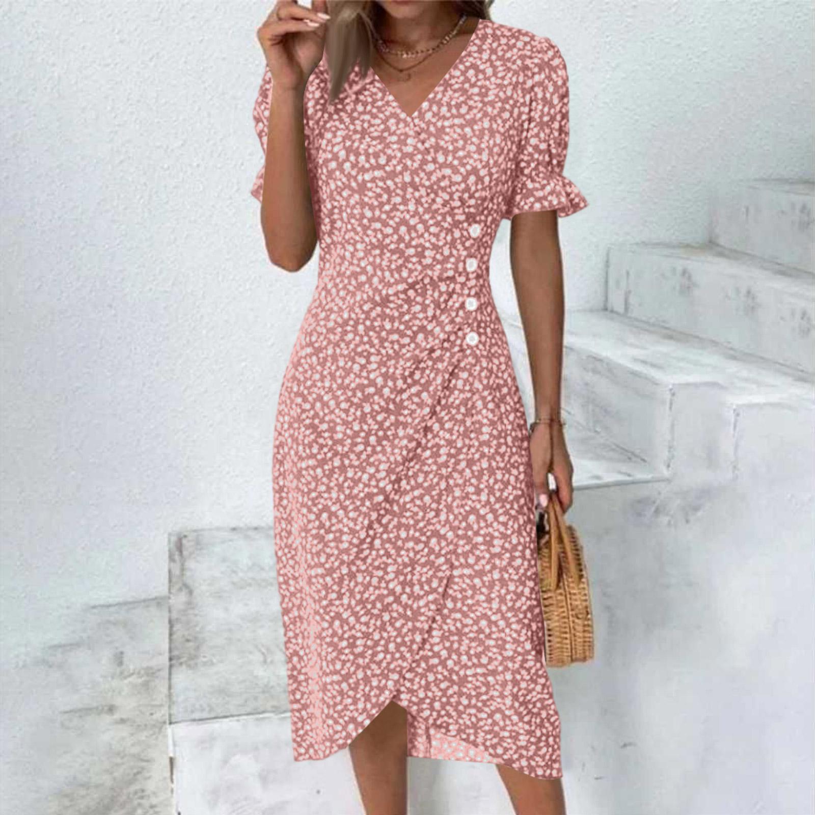 Womens Summer Dresses V Neck Short Sleeve Wrap Midi Dress with Floral Print for Summer Dresses for Women UK XXL розовый