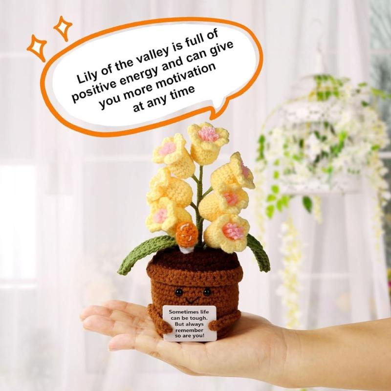 Positive Blume Häkeln Emotionale Unterstützung Häkelpflanze Häkelblumen mit lächelndem Gesicht für Schreibtisch Auto Dekoration