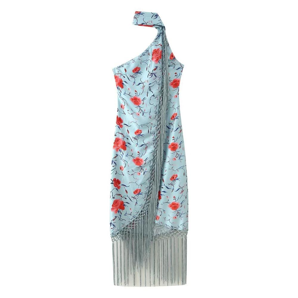 Women s Halter Sleeveless Midi Dress Slim High Waist Elegant Floral Print Fringe Party Dress S