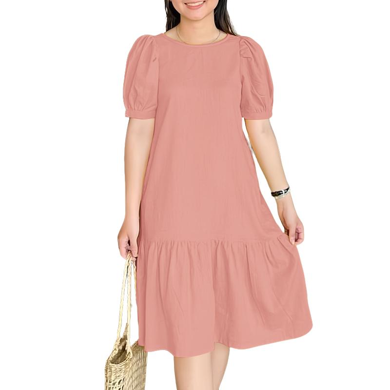 ZANZEA Damen Lässiges Rundhals Kurzarm Lockeres Sommerkleid