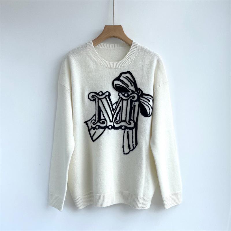 Women's Soft Wool Cashmere Knit Sweater - MAX Letter Bow Round Neck Pullover