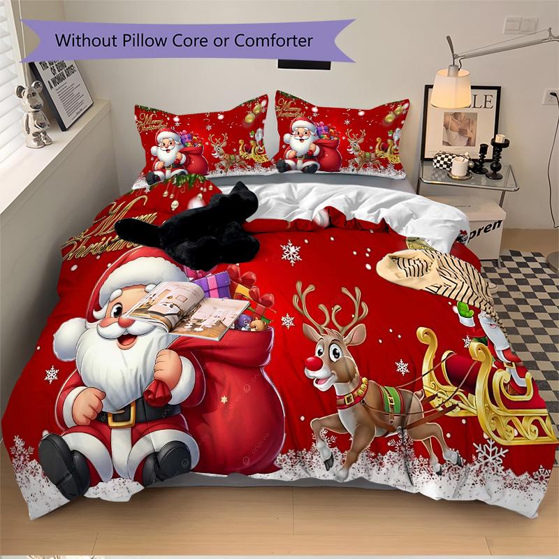 Christmas Santa Claus Reindeer Print 3Pcs Bedding Setduvet Cover With 2 Bedropillowcase Home Birthday Gift
