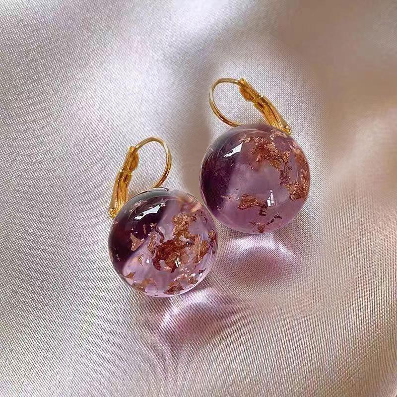 Purple gold foil round ball earrings, high-end light luxury earrings, fresh and sweet temperament ear buckle jewelry