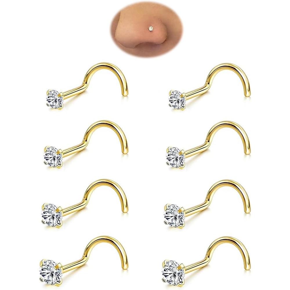8 Pcs/Lot CZ Zircon Nose Studs Gold Silver Stainless Steel Screw Nose Nails for Woman Girls Body Piercing Part Jewelry Gift 20G