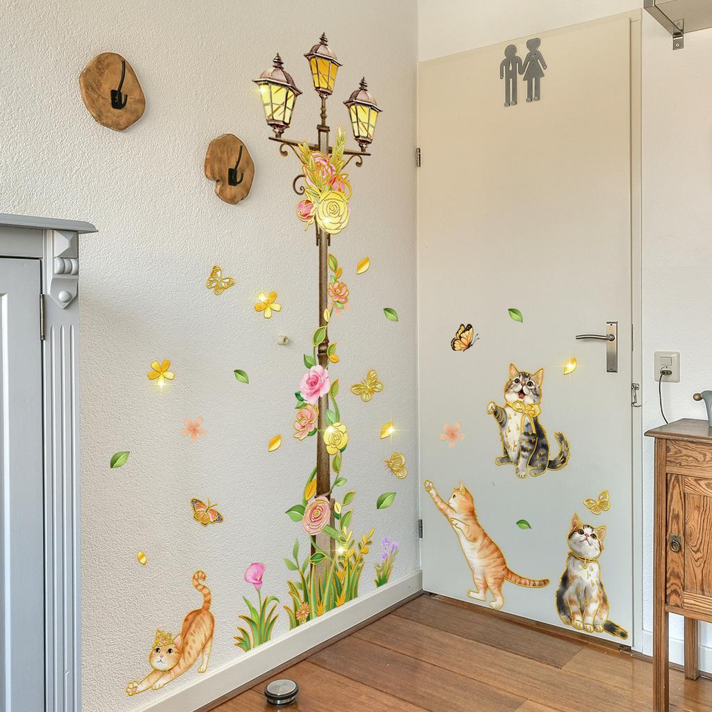 Tj17503 Hand-Painted Cat Street Lamp Flower Bronzing Wall Sticker Decoration Children'S Room Bedroom Background Self-Adhesive Wall