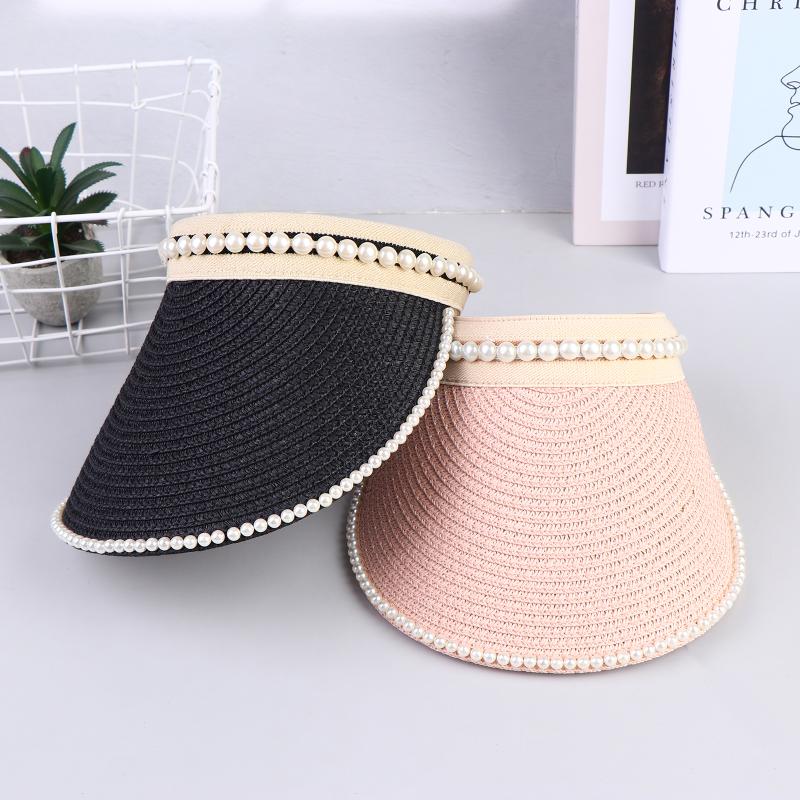 Imitation Pearl Empty Top Straw Hats For Women Casual Summer Beach Visor Caps Foldable Wide Large Brim Sun Uv Protection Caps