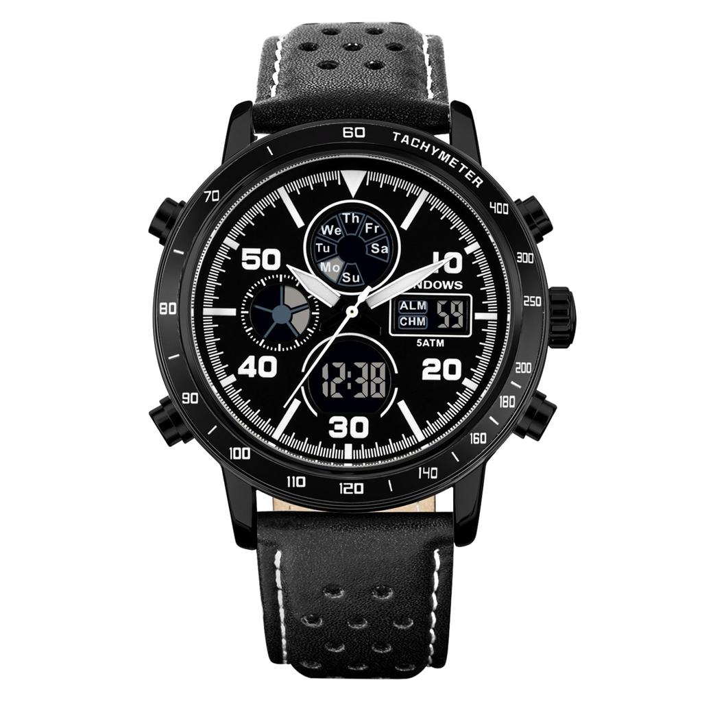 PINDOWS Analog-Digital Watch, Retro Racing Perforated Genuine Leather Strap Model PDS-642, Black, Men's