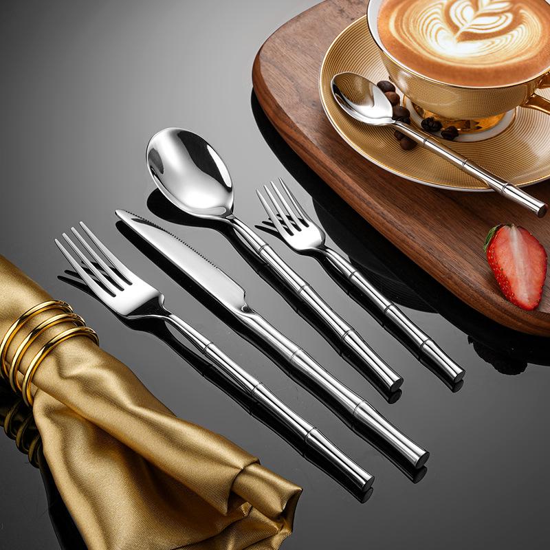 304 Stainless Steel Bamboo Joint Cutlery Set: Steak Knife, Dinner Fork, Dessert Spoon, Chopsticks - Elegant Gift for Hotels & Boutiques