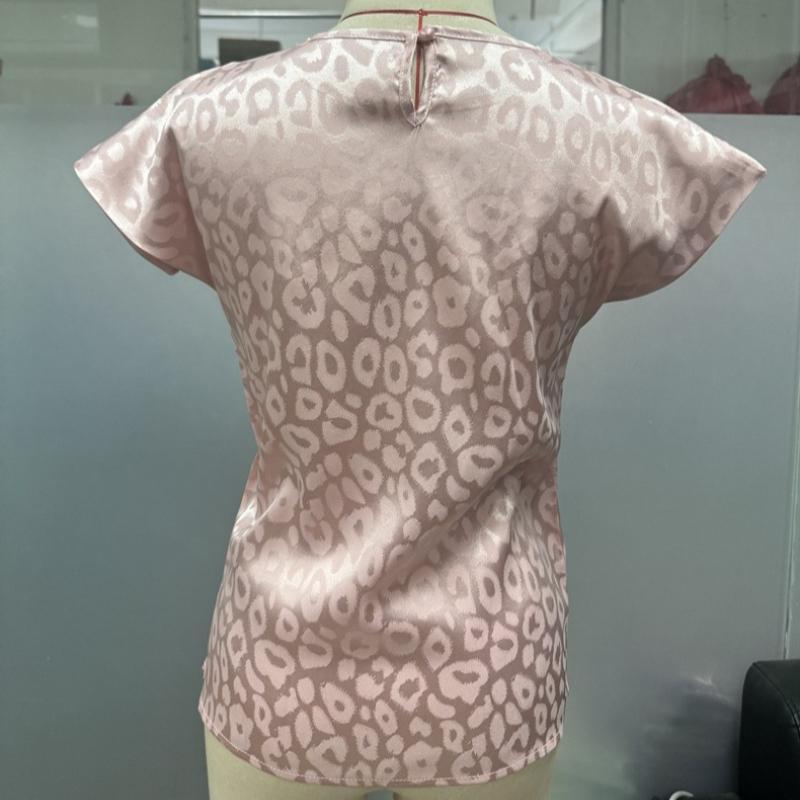 Letní nové kulaté výstřih s leopardím potiskem sexy dámské košile elegantní saténové volné ležérní halenky s krátkým rukávem dámské štíhlé elegantní svetr dámská košile 26565