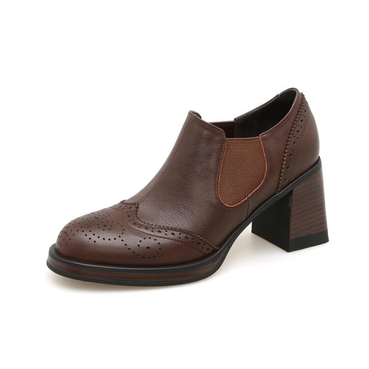 Fashion 2024 New Spring Genuine Leather Women Shoes Round Toe Women Pumps Brogue Designs Shoes for Women High Heel Loafers Ladies Shoes