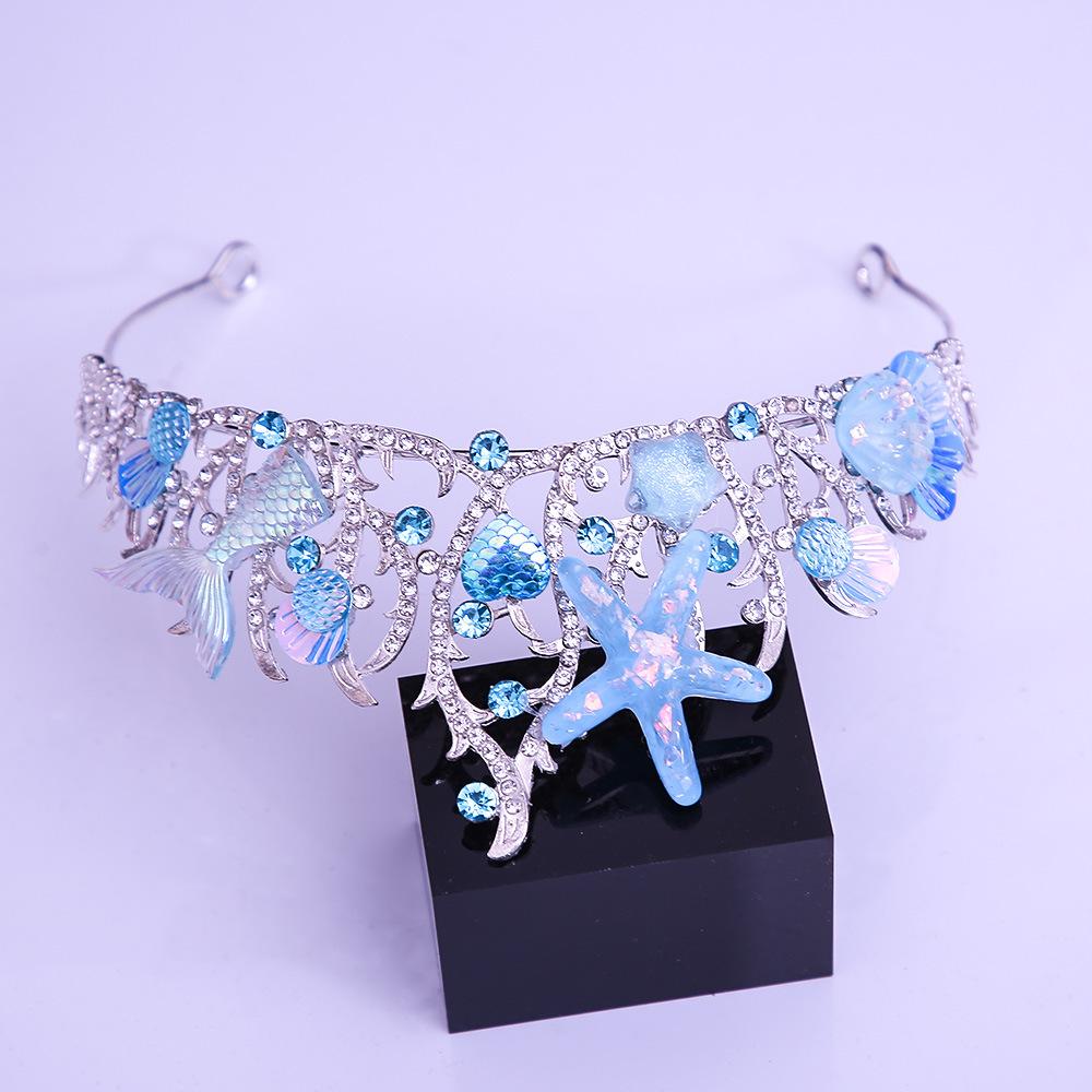 DIEZI Princess  Korean Pink Blue Crystal Starfish Crown Women Girls Birthday Wedding Bride Queen Bridal Tiaras Hair Headbands