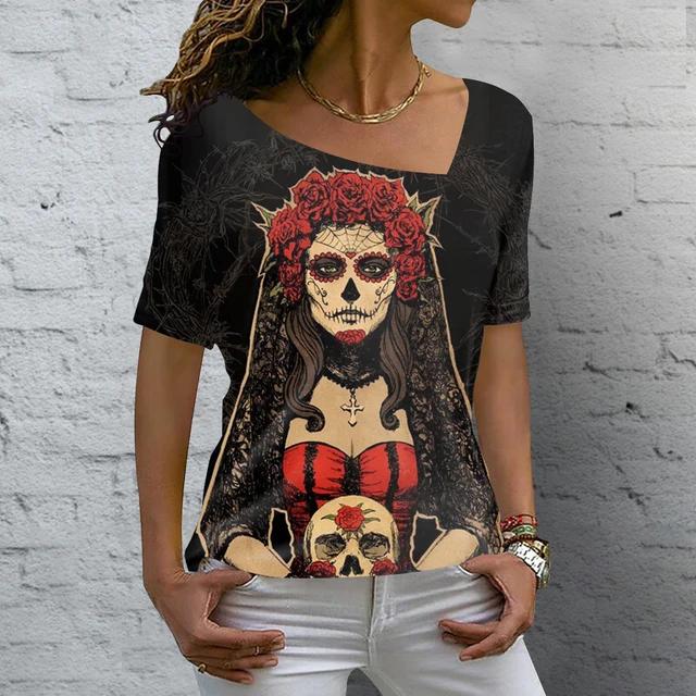 Summer V-neck 3D Skull Rose Print Top Fashionable Casual Short Sleeved Women's T-shirts