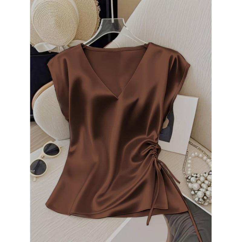 Leichtes Sommer-T-Shirt für Damen, V-Ausschnitt, Unifarben, Satin-Kurzarmhemd, Elegantes figurbetontes Oberteil