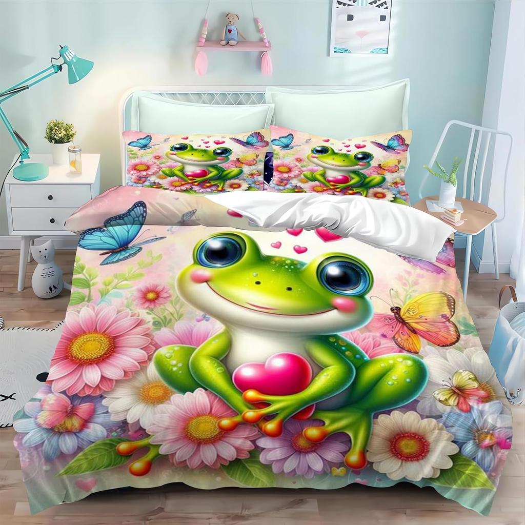 Frog Cute Beddings for Kids Boys Girls Teenage Single Quilt Cover Duvet Cover with Zip,3D Cartoon Quilt Cover with Pillowcase
