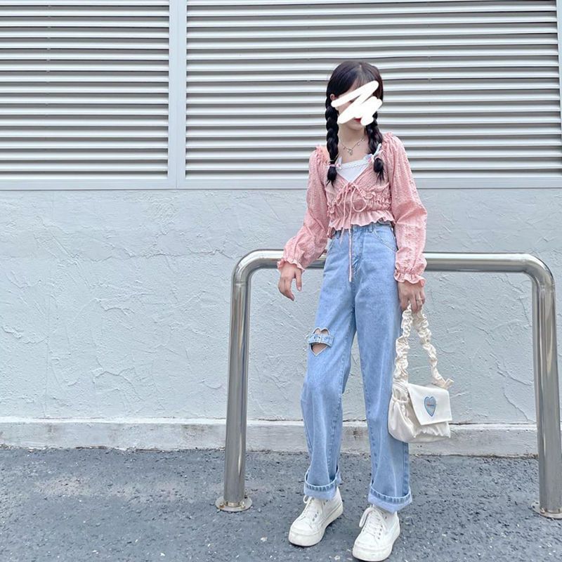 Jeans Kvinner Sommer Hjerte Hollow Out Empire Fashion Denim Mujer Hipster Student Nydelig Minimalistisk Retro Daglig Nye Bukser