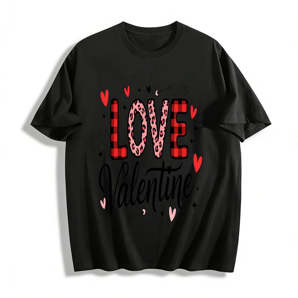

LOVE Valentine Leopard Plaid Print Casual Short Sleeve T-Shirt Pure cotton T-shirt XXS