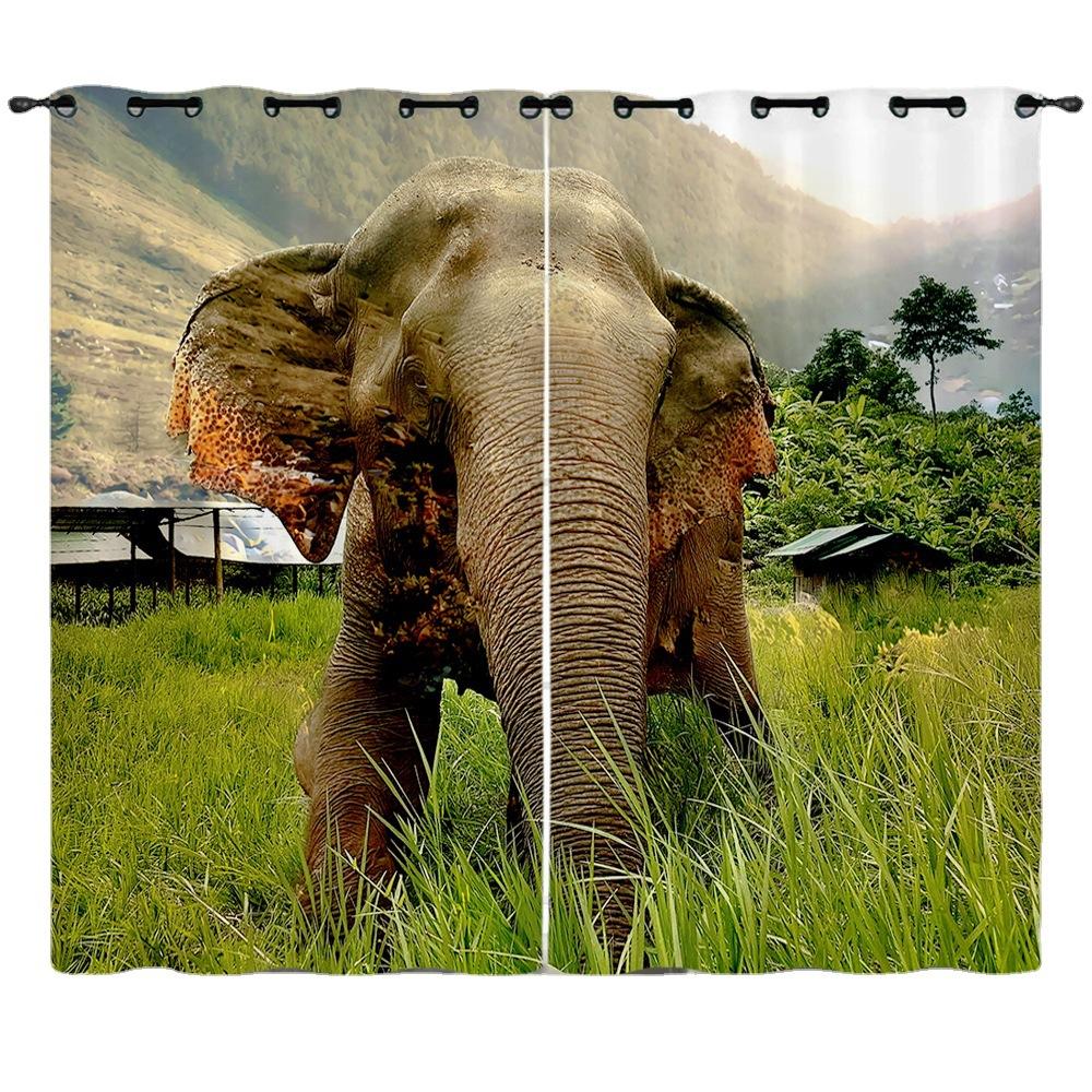 Curtain African Elephant Animal 3D Digital Printing Blackout Curtain Punching
