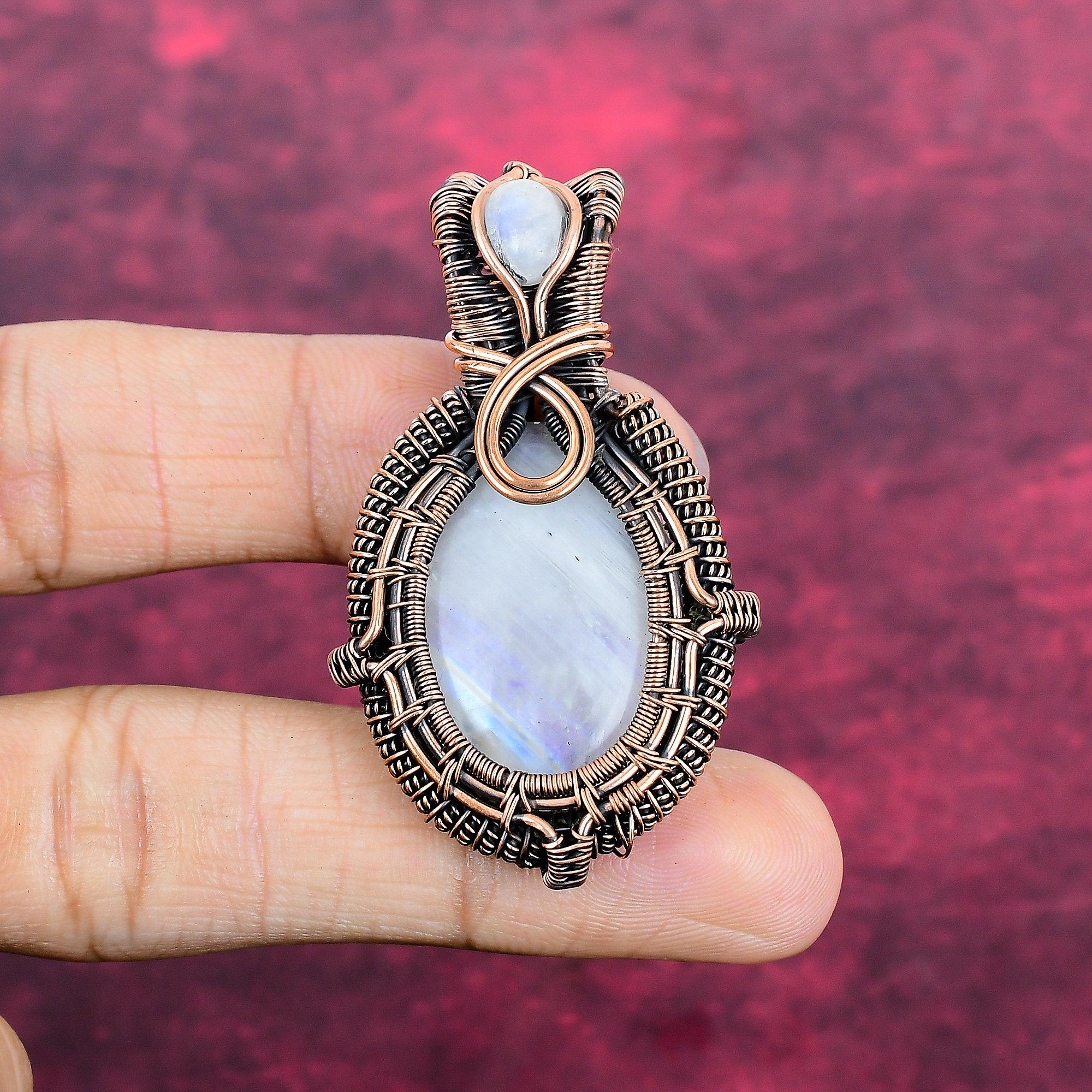 

Rainbow Moonstone Pendant Gemstone Copper Wire Wrapped Jewelry Handmade Pendant