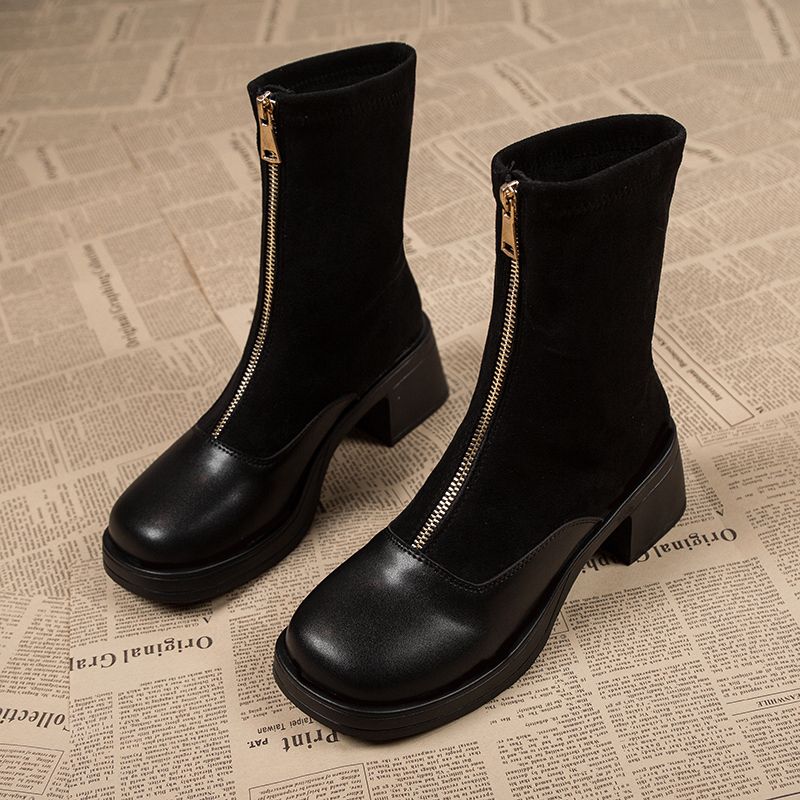 Fashion Heeled Women's Ankle Boots Round Toe Zipper Female Short Shoes Autumn Winter Black Booties Designer Luxury High Quality Footwear