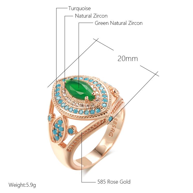 Rose Gold Color Rhombus Big Ring For Women Fashion Green With Blue Natural Zircon Wedding Daily Vintage Jewelry