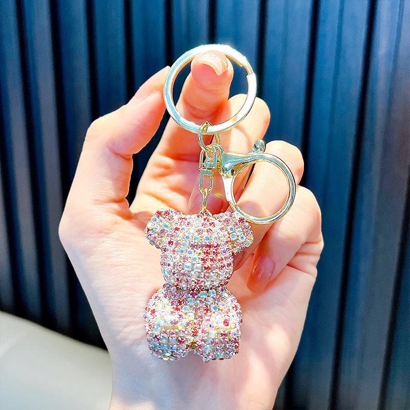 Christmas Valentine's Day Full Diamond Riding Bear Car Keychain Female Bag Pendant Exquisite Water Diamond Keychain Small Gift