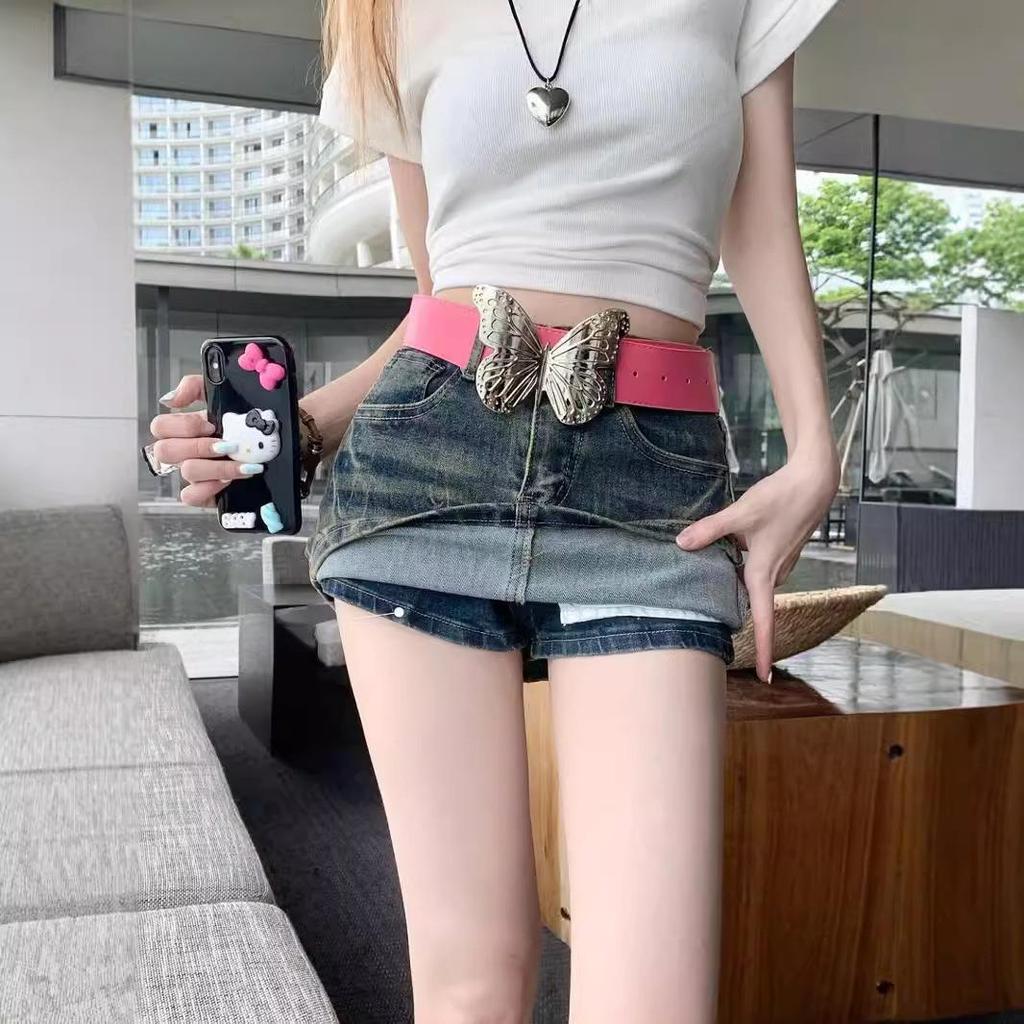 Women's High-Waist American Retro Embroidered Blue Denim A-Line Skirt - Slim Fit Summer Style