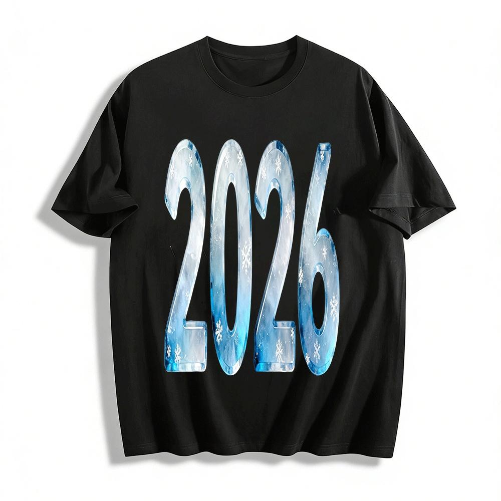 2026 Snowflake Ice Print New Year Themed Casual Top Pure cotton T-shirt XXS