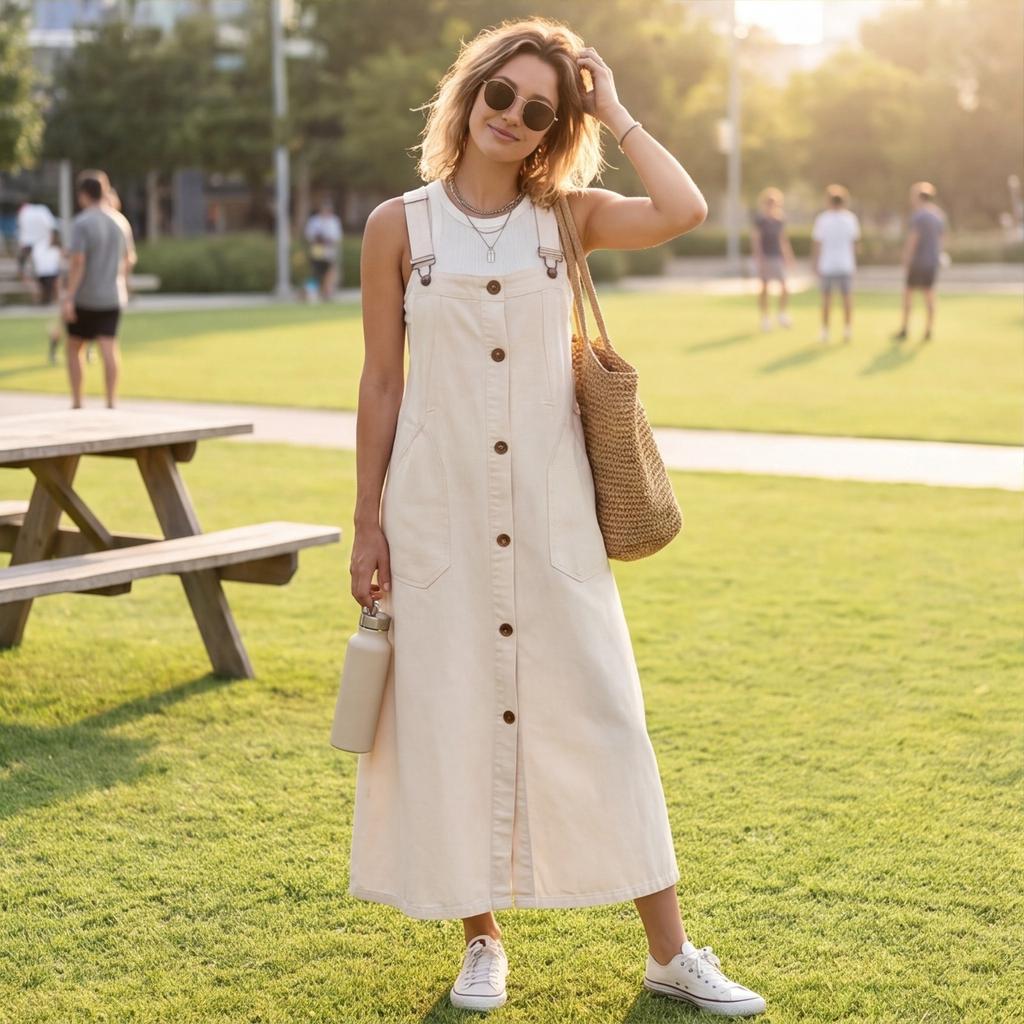 Women’s Sleeveless Button Front Long Overall Dress Adjustable Strap Loose Fit Casual Pinafore with Pockets for Everyday Wear
