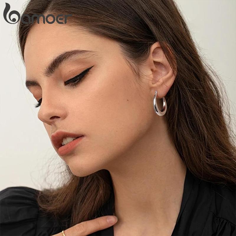 BAMOER White Gold Plated Hoop Earrings Chunky Earring with 925 Silver Ear Buckles Punk Women Hypoallergenic Ear Jewelry