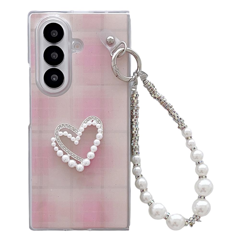 For Samsung Galaxy Z Fold7 5G Case Glitter DIY Heart Charm Phone Cover with Wrist Strap