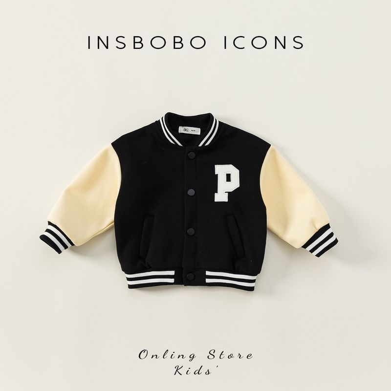 Baseball Uniform Jacket Baby Autumn and Winter Fleece Padded Coat Black 100
