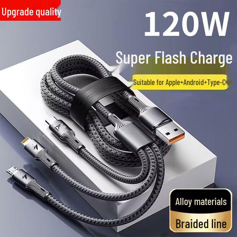 

120W Fast Charge 3-in-1 Charging Cable for Huawei, Apple, and Android Devices 1.2m Roman Column Three-in-One Braided Cable