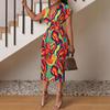European & American Women's V-Neck Slim Fit Printed Dress