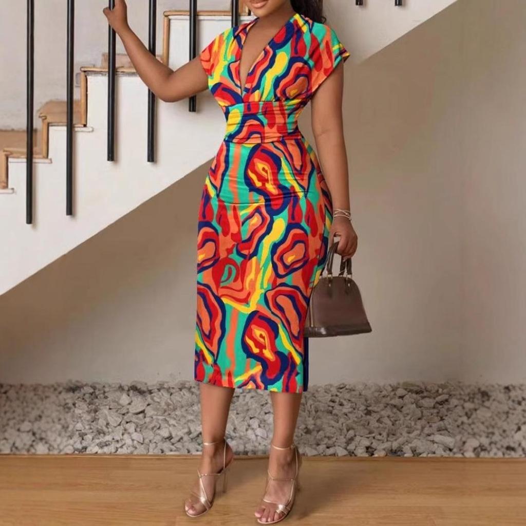 European & American Women's V-Neck Slim Fit Printed Dress