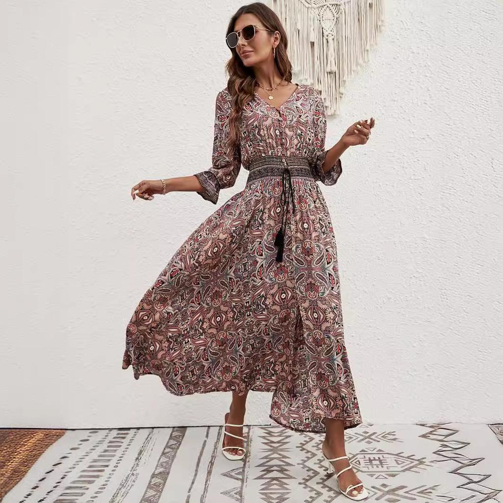 Cotton Positioning Printed Seven-Sleeve Girdle Bohemian Women's Dress Vacation Breasted Beach Dress