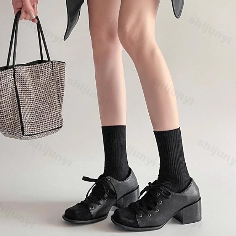 Spring  New Niche Thick Heigh Heeled Retro Designed Women's Korean Version Lace Up Square Toe Fashion Splicing Single Shoes