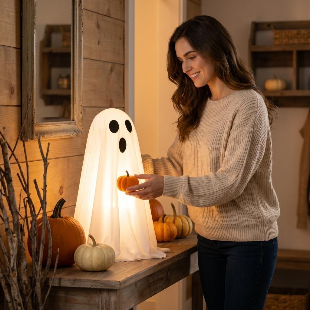 Halloween Ghost Couple Decoration with Pumpkin Light Up Feature and Bow Tie Battery Operated Indoor Outdoor Ornament for Home Party Display