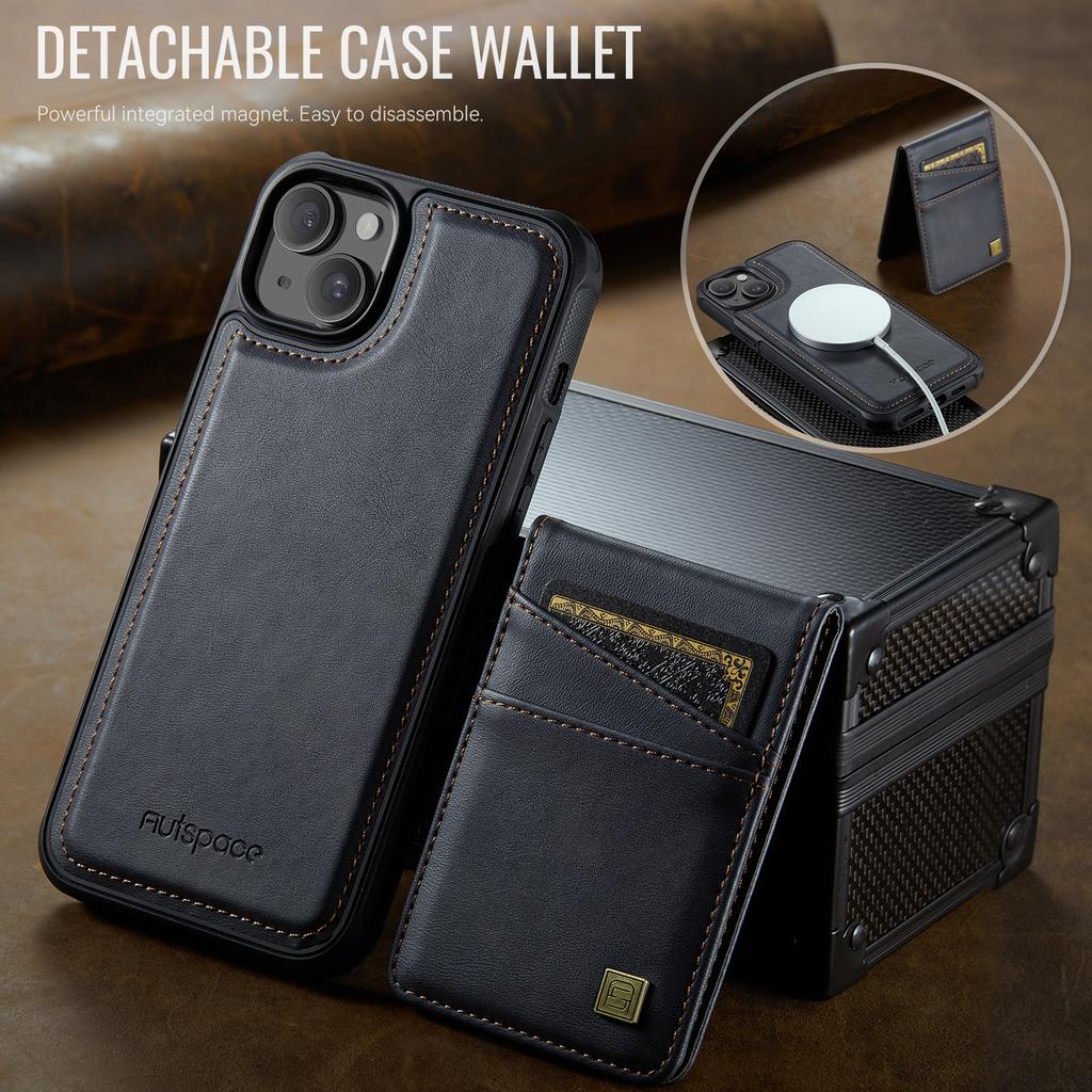 For iPhone 14 Case AUTSPACE A12 Leather Phone Case with Detachable Card Bag
