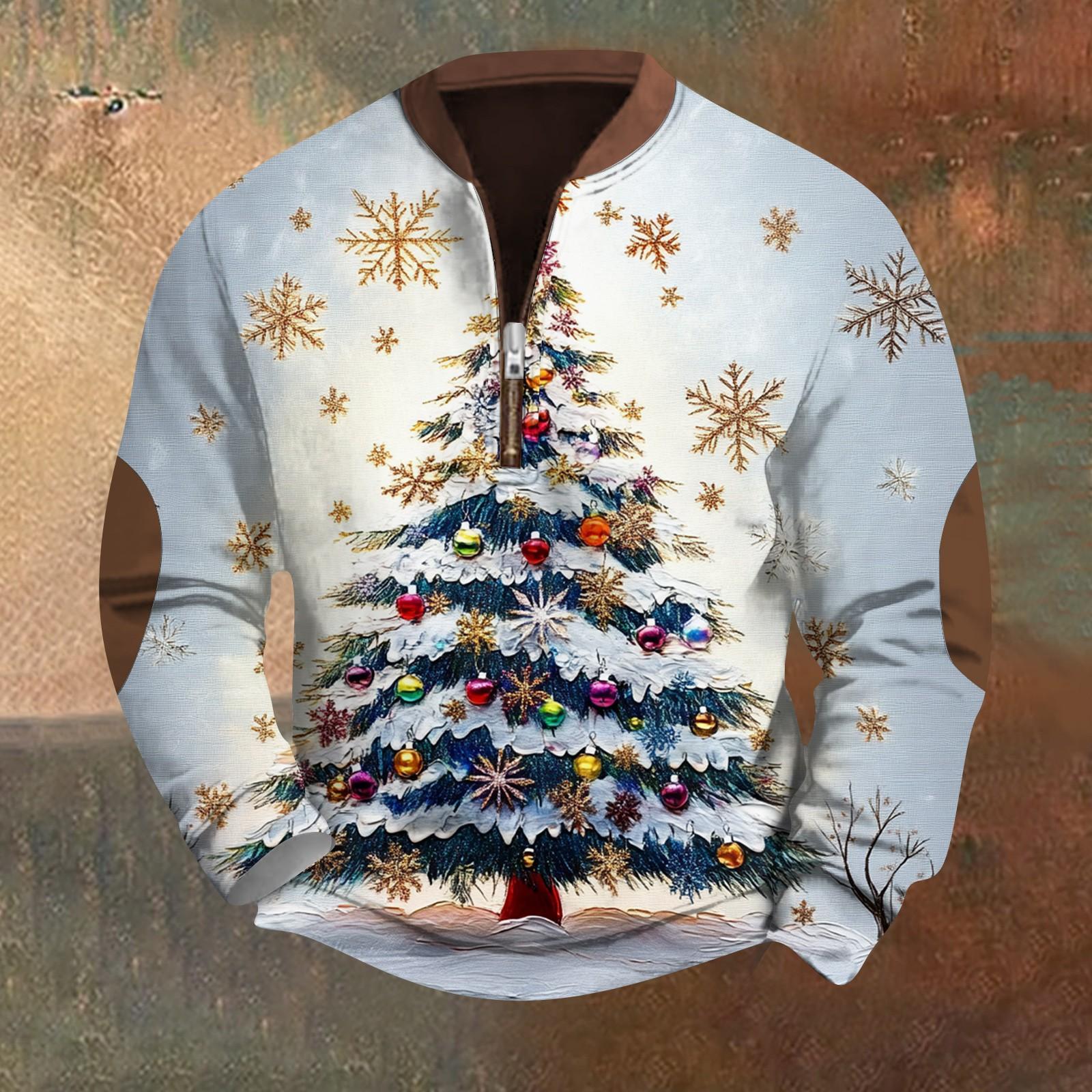 

Мужская модная повседневная свободная толстовка с длинным рукавом и молнией на воротнике с рождественским принтом L бежевый