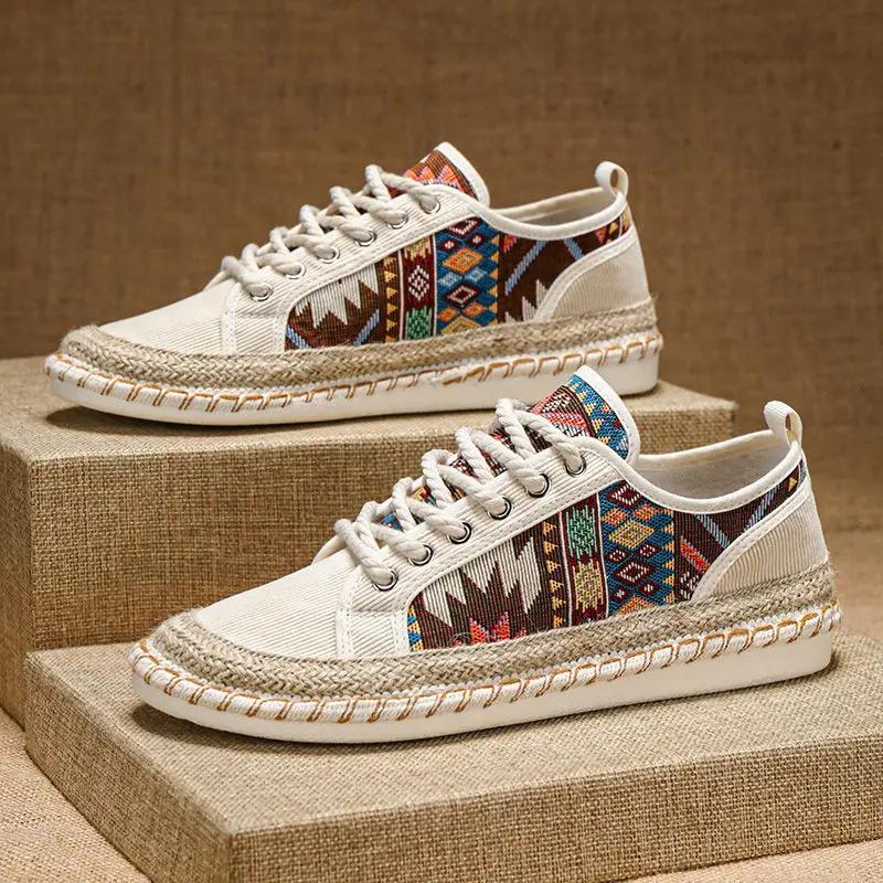 Fashion Black Printing Retro Style Sneakers Flat Espadrilles Men's Casual Shoes Comfortable Breathable Elegant Without Leather Male Shoe