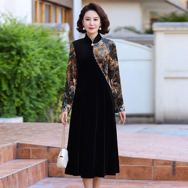 Women's Loose Plus Size Velvet Dress Color-Block Printed Velvet Long A-Line Dress