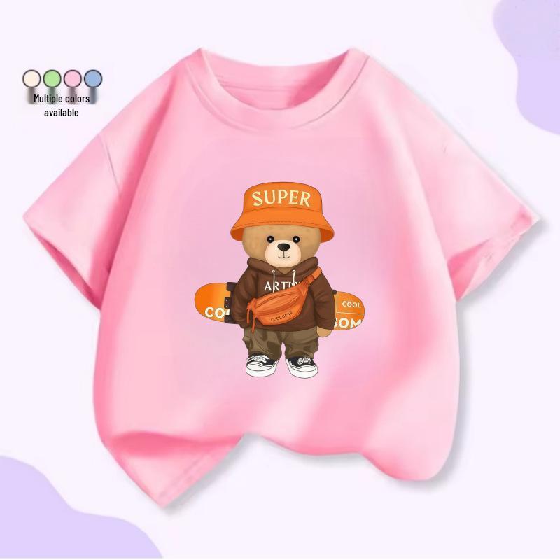 2026 Trendy Cartoon Bear Print Kids Skateboard T-Shirt - Short Sleeve Cotton Top for Boys & Girls
