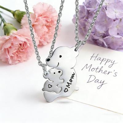 2 Pcs/Set Cartoon Mother And Child Bear Matching Necklace Stainless Steel Family Jewelry Gifts