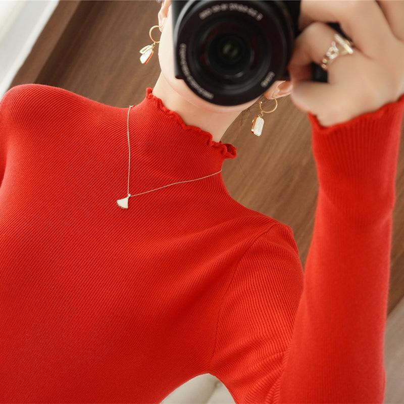 Slim-fit and thin women's bottoming shirt solid color knitted pullover sweater lace collar short long-sleeved sweater with tight fit inside