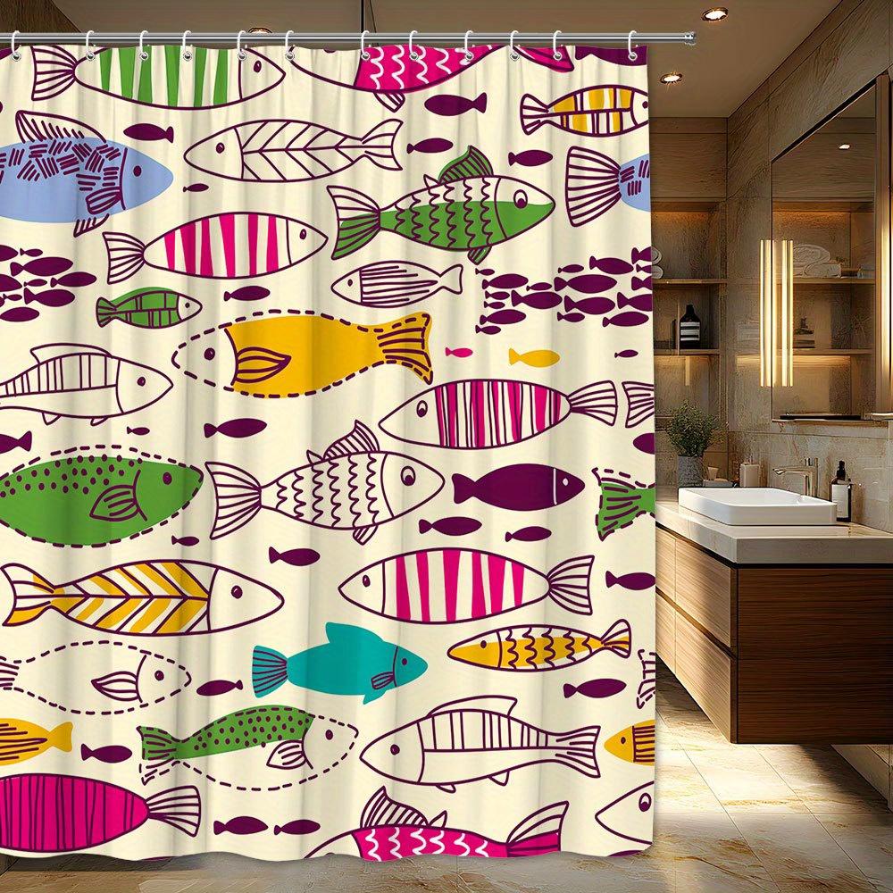 Vibrant Fish Shower Curtain - Colorful Stripes, Spots & Zigzags on Cream, 70.87x70.87", 12 Hooks, Machine Washable Polyester