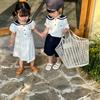 Summer Sibling Outfits: Boys' Sailor Collar Shorts Set & Girls' Academic Style Dress