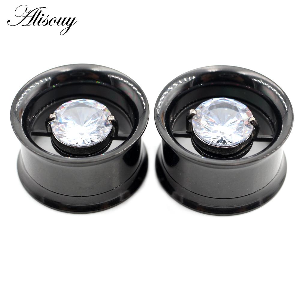 Alisouy 2PCS Stainless Steel Round Heart Zircon Ear Flesh Tunnels Plugs Expander Stretcher Double Flared Gauges Piercing Jewelry