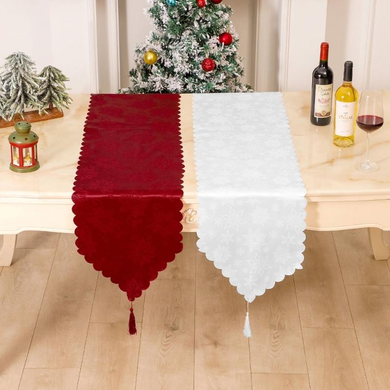 Trendy Christmas Table Runner, Winter Party Decor, Washable Table Cover Tablecloth with Red White Snowflakes 180cm