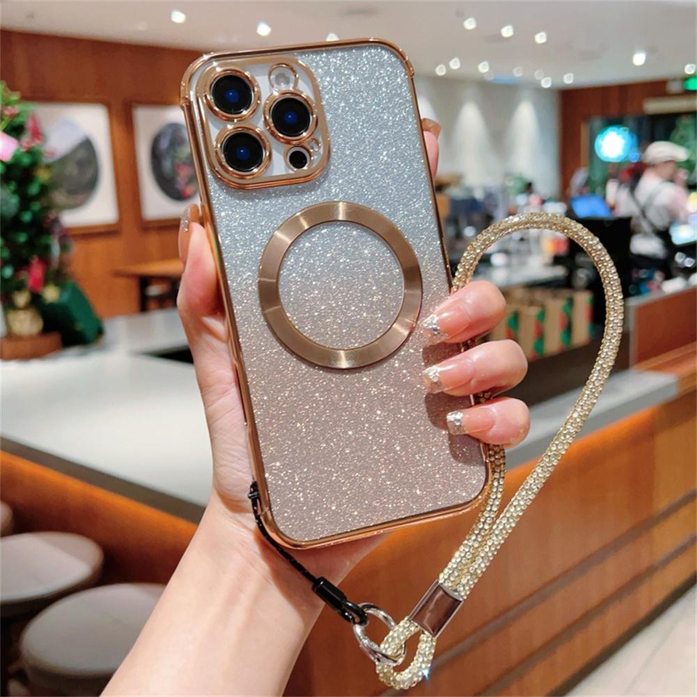 Voor iPhone 16 Pro Max Hoesje Compatibel met MagSafe Gegalvaniseerd Kleurverloop Glitters Telefoonhoesje met Lanyard