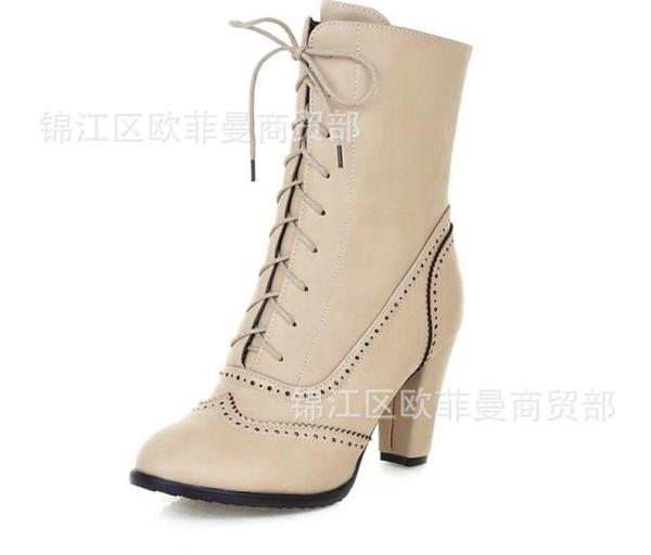 Mode damer mittkalvstövlar Dameskor Snörning Damer Gummi Stor Storlek Mittkalv Spetsig Högklackad Snörning Spetsig Tå Sömnad Enfärgad